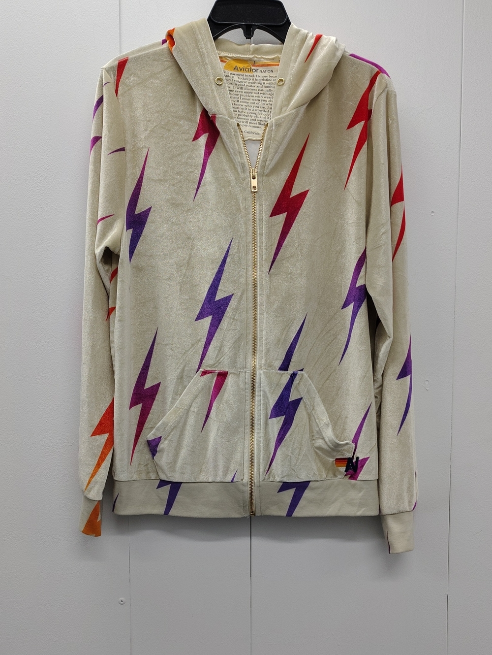 Aviator Nation Full Zip Hoodie with Multi-Color Lightning Bolts Plush Size L